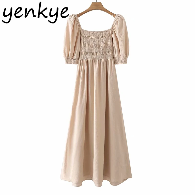 

YENKYE Summer Women Vintage Solid Color Cotton Casual Dress Female Square Neck Puff Sleeve Vestido Elegant Ladies Long Dress