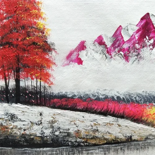 

ORIGINAL Modern Hand Painted Abstract Red Leaves Tree Beside The River