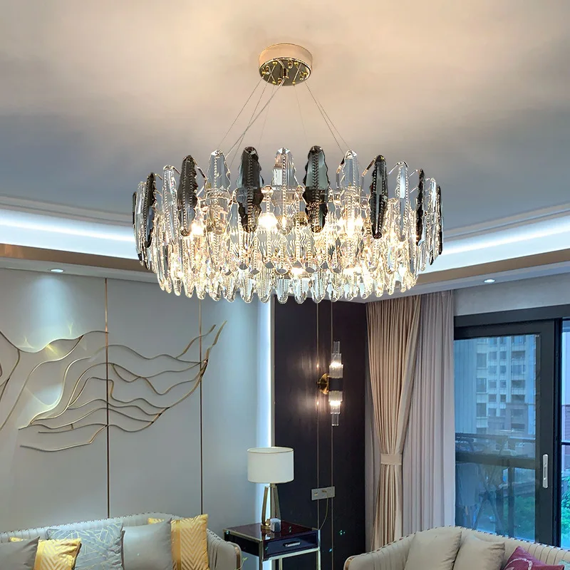 Modern Art Deco Luxury Crystal E14 Chandelier Gray &amp Clear Suspend Lamp For Living Room Dinning Foyer Iron Hanging | Лампы и