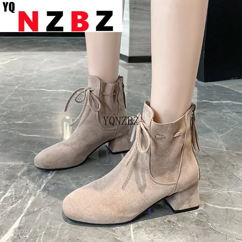 

Women's Fashion Zipper Ankle Boots Autumn/ Winter Martin Boots Round High Quality Solid Ladies Shoes Suede High Heels Boots
