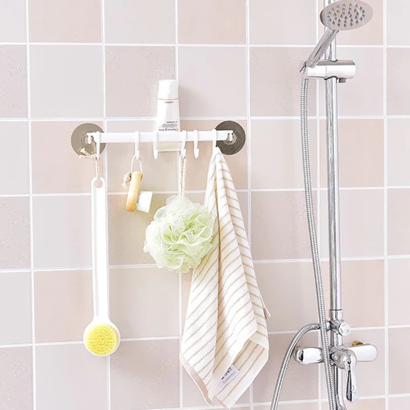 

Self Adhesive 6 Hooks Bathroom Wall Towel Holder Hanging Nail-free Rack Strong Paste Hooks Key Hooks Kitchen Storage Rack
