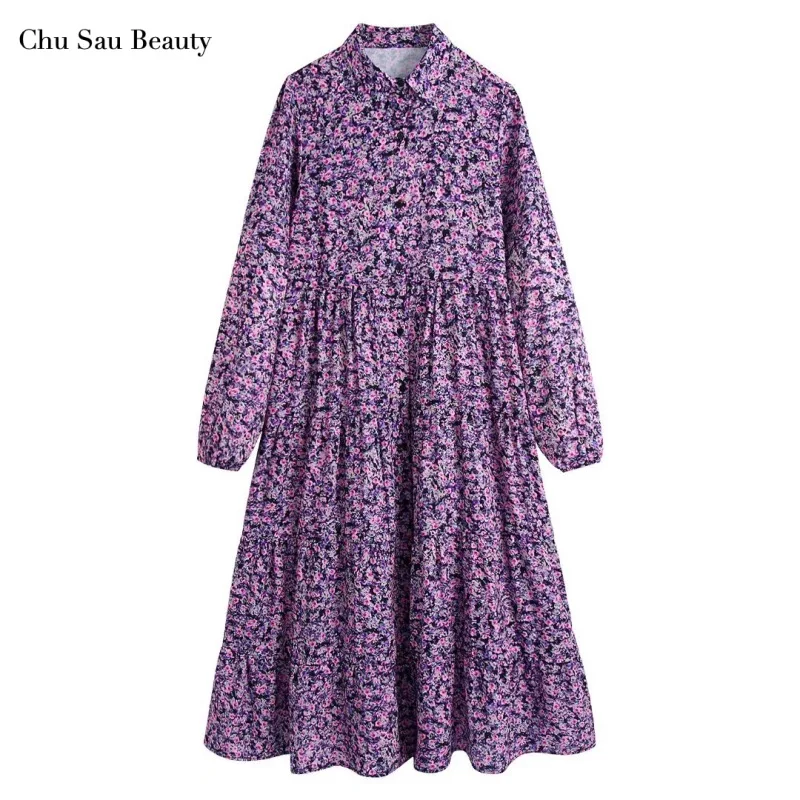 

Женское платье с отложным воротником ZA, длинная свободная юбка с длинным рукавом и принтом, для отдыха, весна-осень