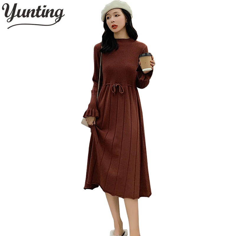 Женское трикотажное платье свитер с круглым вырезом и длинным рукавом вечерние