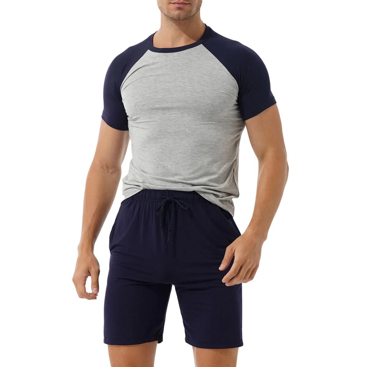 Men's Cotton Pajama Set 2 Pcs Summer Crewneck Short Sleeve Raglan Pjs Sleepwear