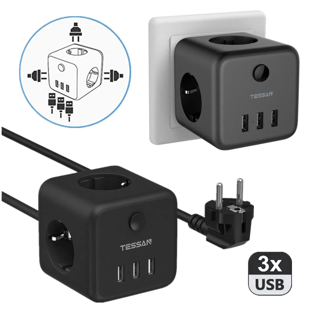 

TESSAN EU Wall Socket Outlet Extender Power Strip With 3 USB Ports 3 EU Outlets Switch Overload Protection for Smartphone/Tablet