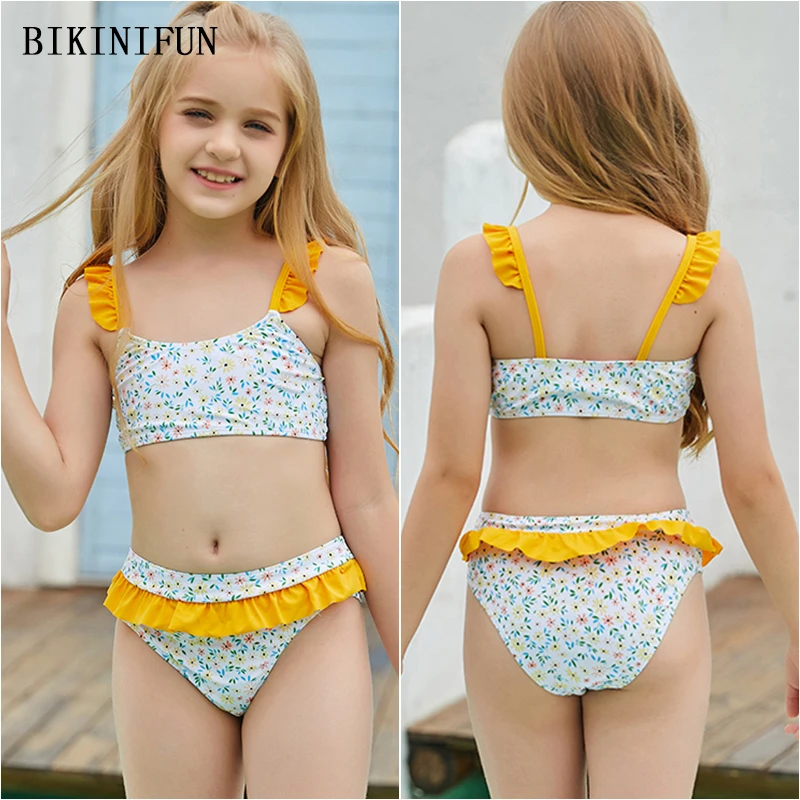 

New Cute Floral Beachwear Girl Ruffled Straps Swimsuit Children 4-13 Years Swimwear Teenager High Waist Bathing Suit Bikini Set