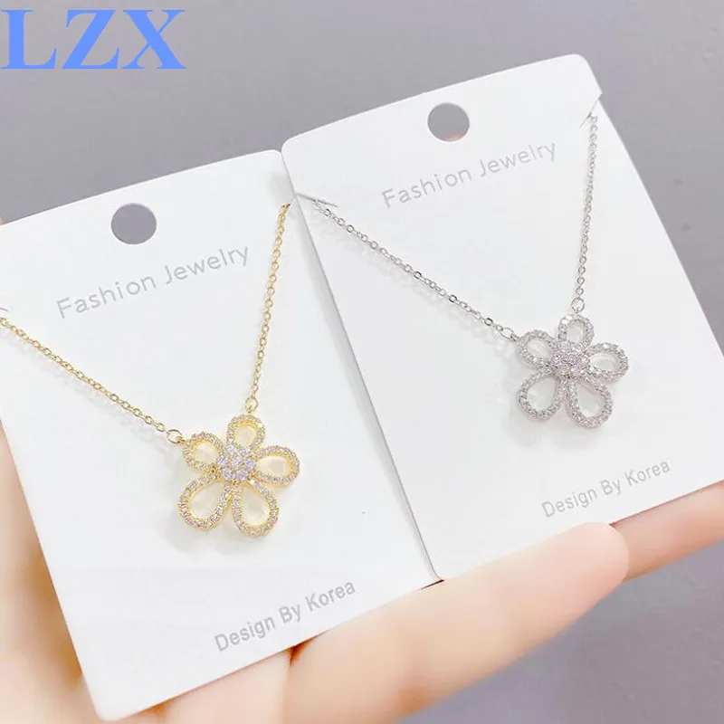 

LZX Ins новые милые модные ожерелья для женщин девушек украшение 14 К золото в форме цветка циркониевые Подвески Ювелирные изделия Подарки Бижу...