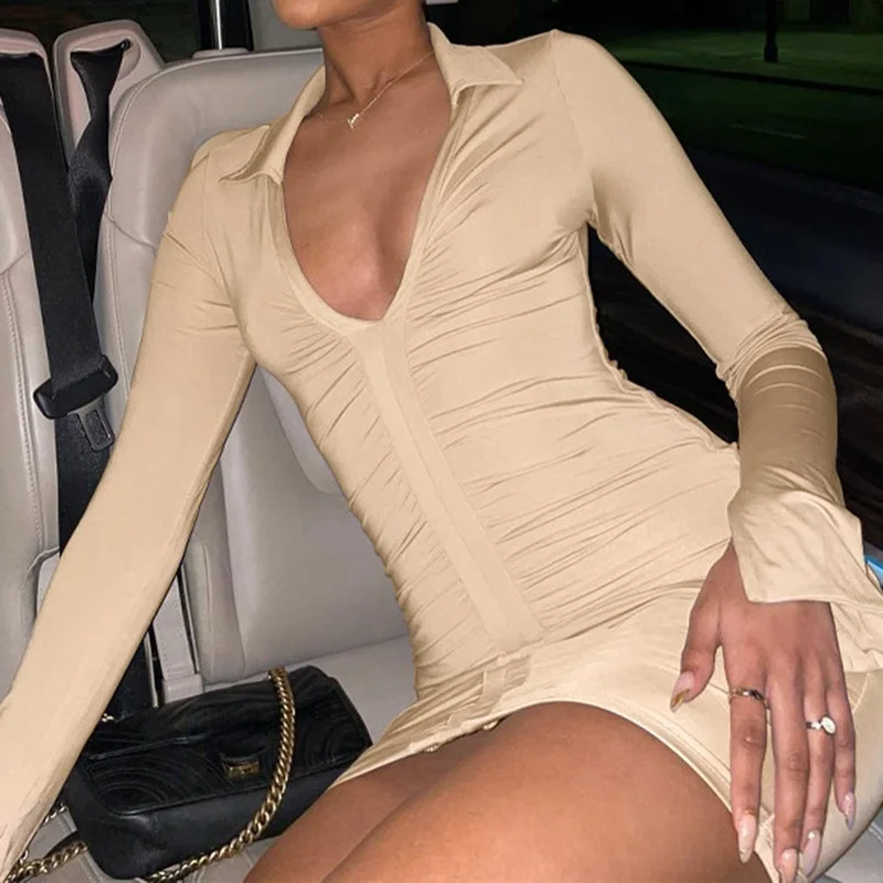 

Sexy V Neck Autumn Winter Long Sleeve Casual Females Dresses 2021 Party Apricot High-waist Pleated Shirt Dress Bodycon Mini
