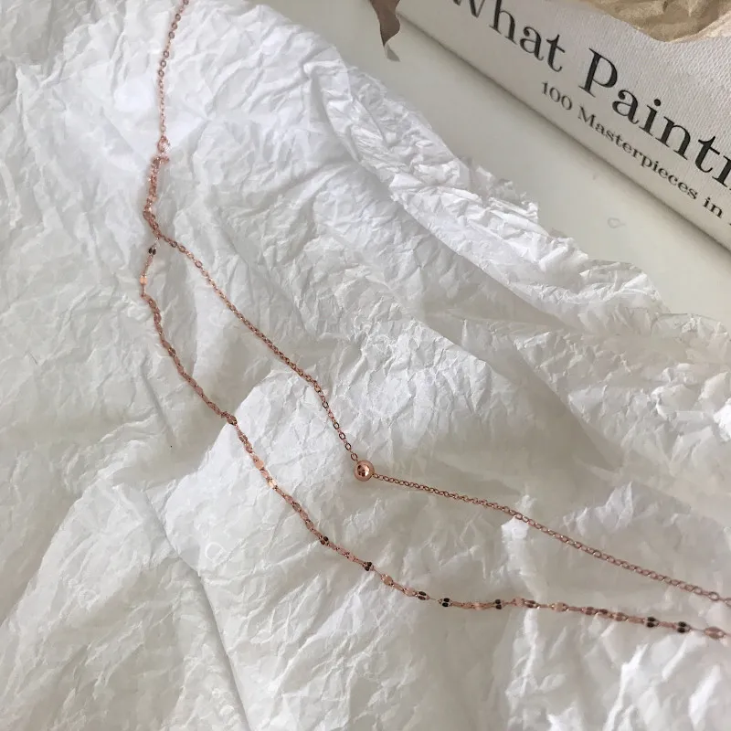925 Стерлинговое серебро розовое золото Двухслойное bean bead короткое ожерелье с