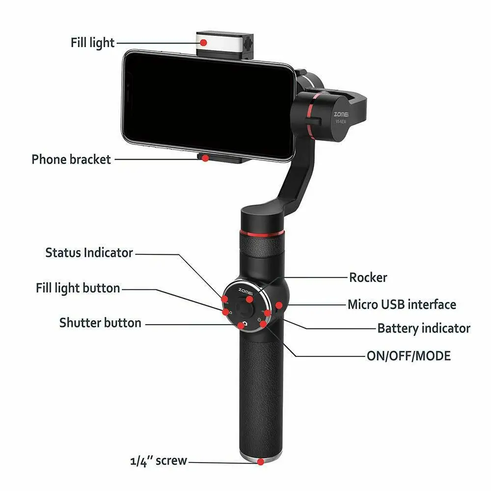 Zomei V5 Новый 3 осевой ручной карданный стабилизатор селфи палки для смартфонов iPhone
