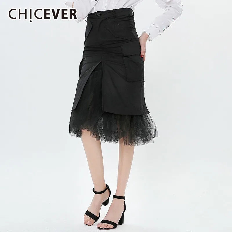 CHICEVER 2020 Лоскутная сетчатая миди юбка женская с разрезом и высокой талией Armygreen
