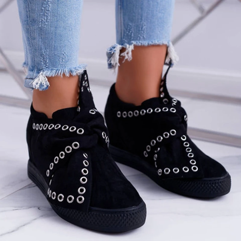 black Casual Flat Plus Size Women Sneakers Ladies Suede Bow Tie Slip On Vulcanized Shoes Female Increase in Flats Footwear - Цвет: black