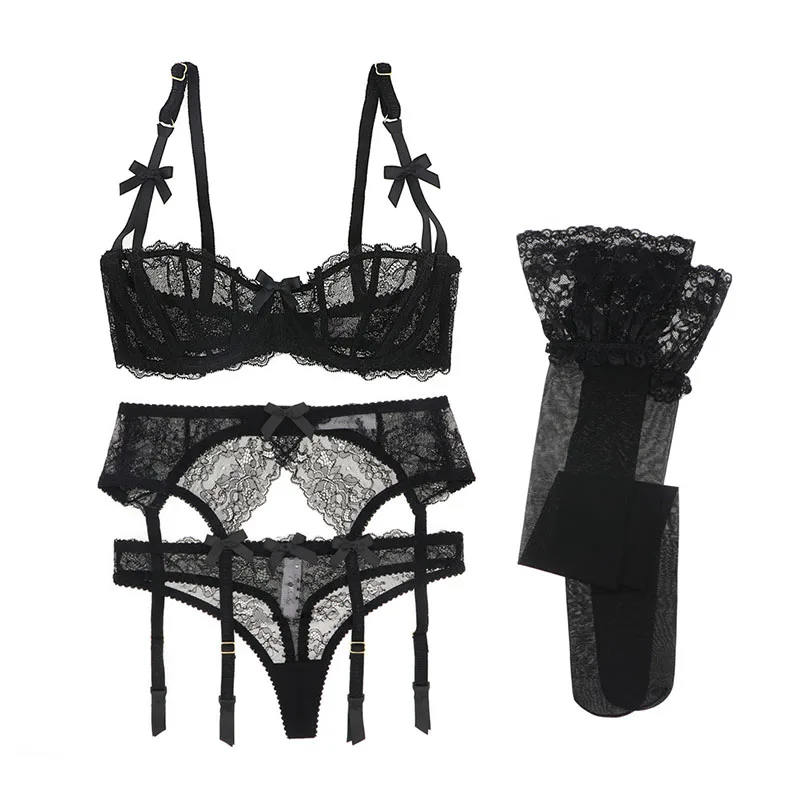 Varsbaby new arrival sexy lace transparent unlined 1/2 cup underwear set bra+thongs+garters+stockings 4 pcs