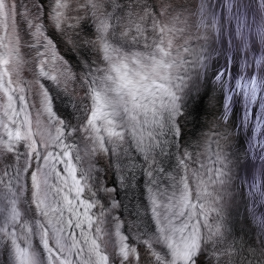 maomaokong new winter women's fur natural real rabbit fur lining silver fox fur collar warm parka coat black long coat enlarge