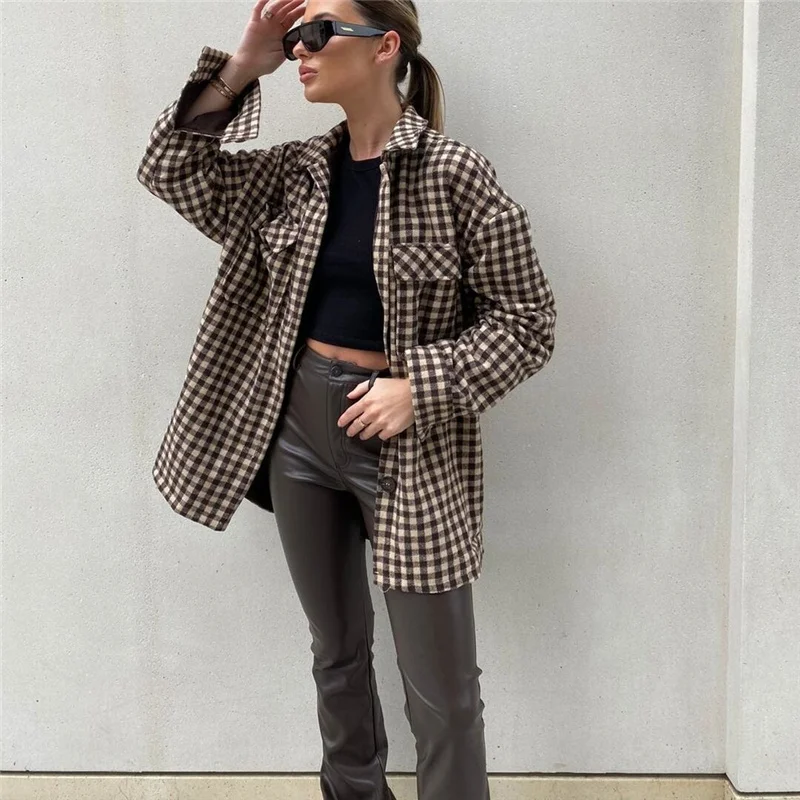 

Vogue Casual Women Oversized Brown Plaid Shirt Coat Tide Spring Fashion Ladies Loose Basic Jackets Female Streetwear Outwear