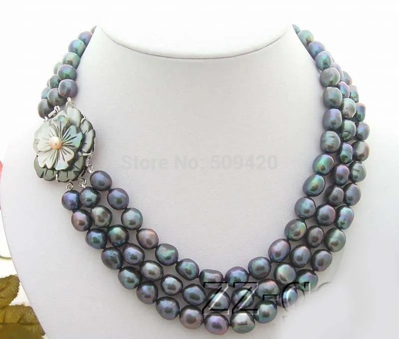 

3Strds Black Baroque Pearl Necklace-Cameo Flower Clasp