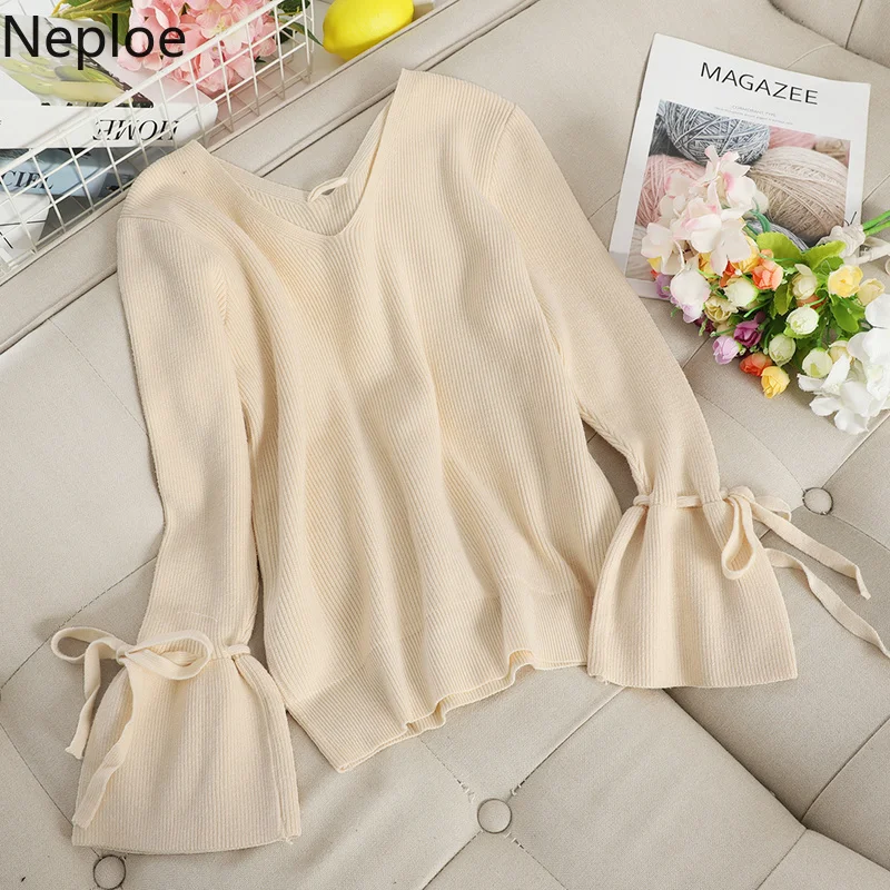 Женский трикотажный свитер Neploe однотонный пуловер с v-образным вырезом длинным