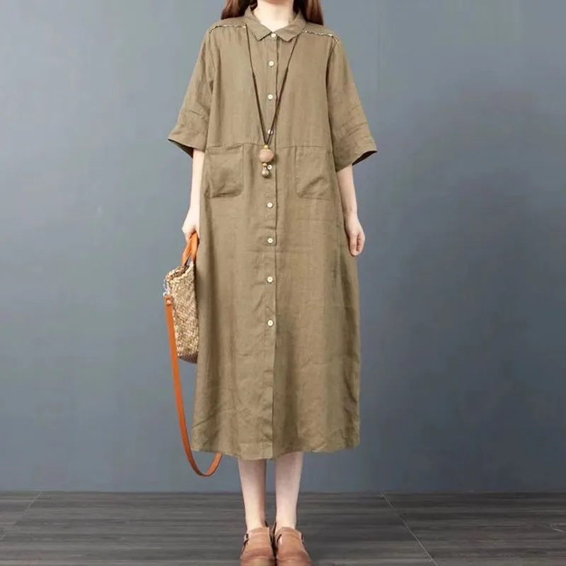 

Women Summer Cotton Linen Casual Dress New Arrival 2021 Arts Style Vintage Single Breasted Loose Ladies Long Dresses B741