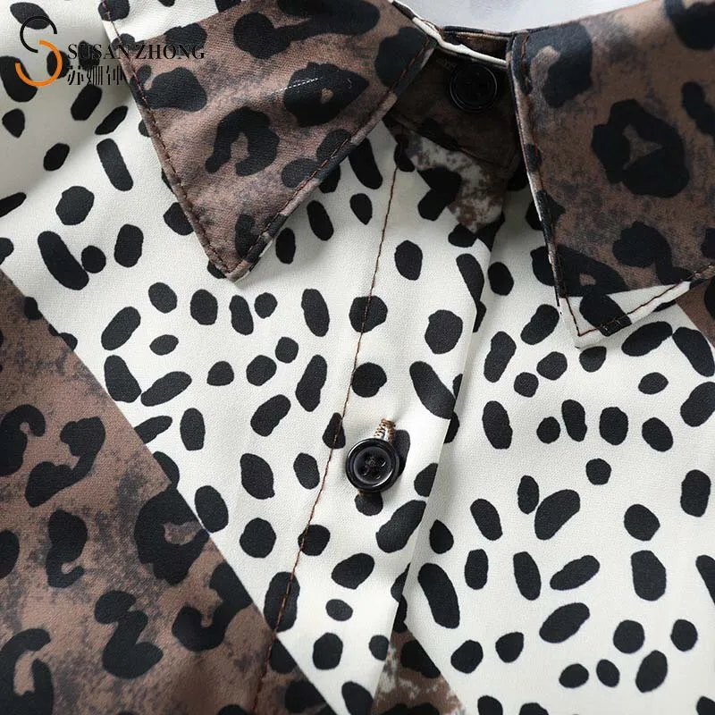 

Women Shirts Female Blouse Ladies Tops 2021 Spring New Elegant Romantic Loose Mid-Long Turn-Down Collar Drop Shoulder Leopard BF