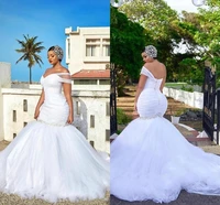 new sexy plus size mermaid wedding dresses african one shoulder ruched beaded sexy open back with button sweep train bridal gown