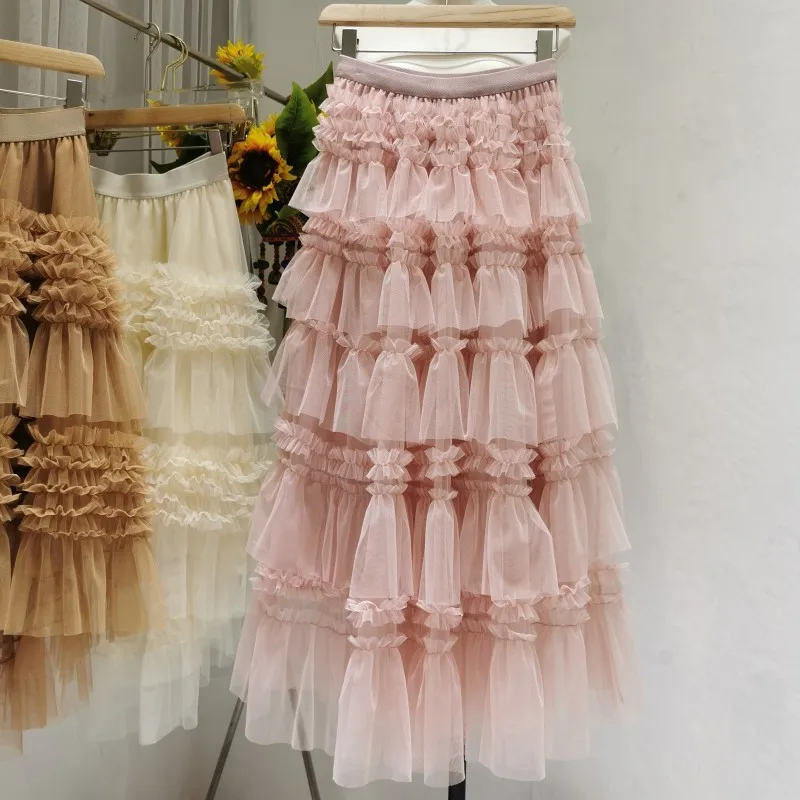 

VANOVICH Ruffled Women Skirt 2021 Spring and Summer New Korean Style Ladies Skirts Elastic Waist High Waist Skirts Female