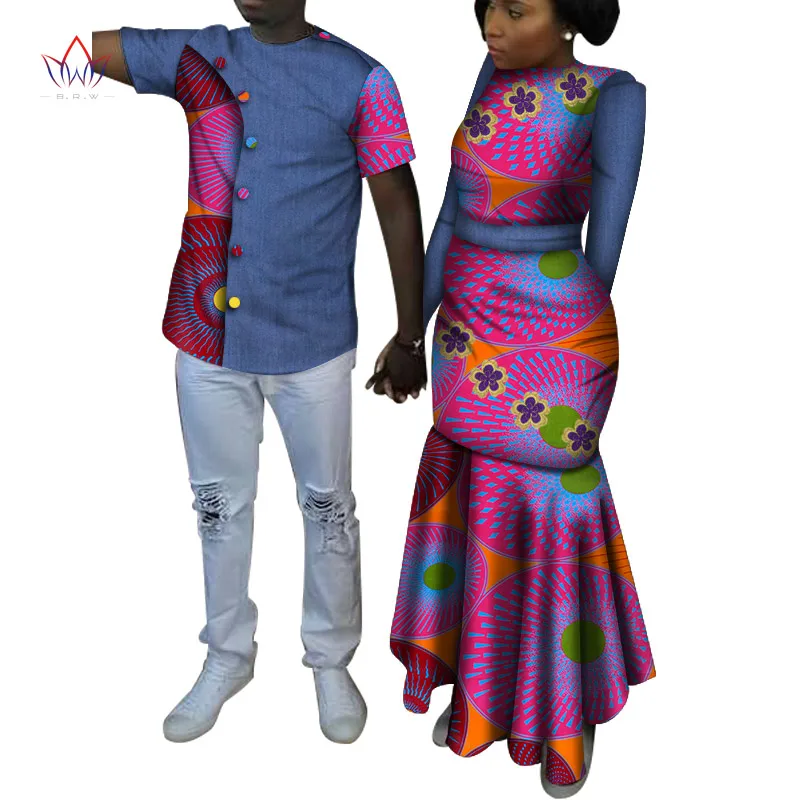 African Ankara Print Clothes for Couple Dashiki Elegant Lady Party Dresses and Men Shirts Cotton African Clothing WYQ491