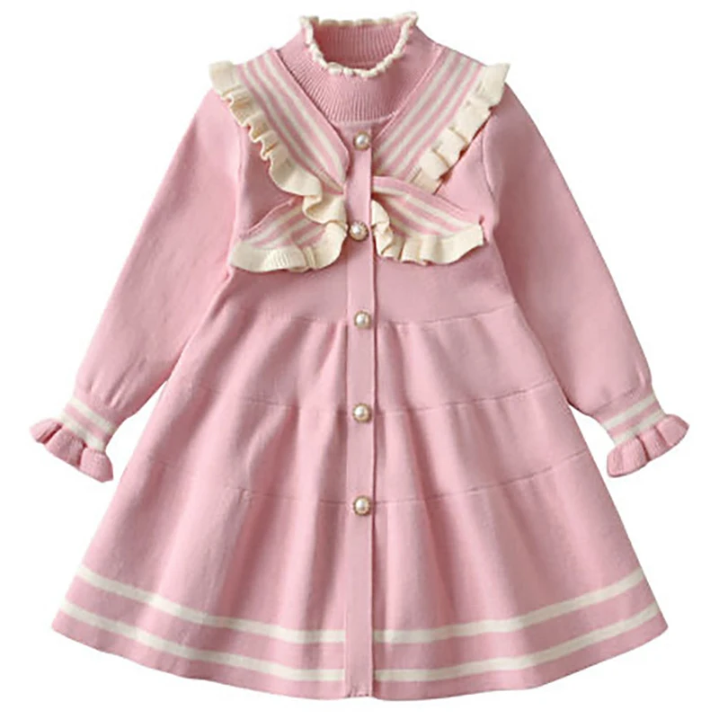 

Girls Knitted Dress spring and autumn long sleeved Navy knitted wool dress 2021 new long sleeved Beaded Waist Princess Dress