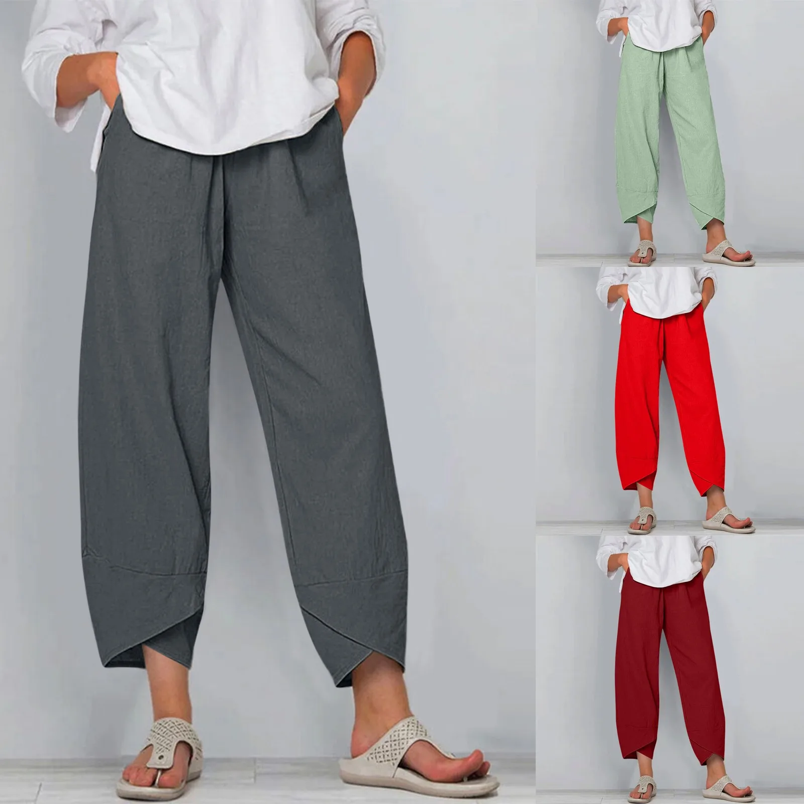 

Женские льняные брюки с карманами и эластичным поясом, летние винтажные широкие брюки с асимметричным подолом, женские повседневные свобод...