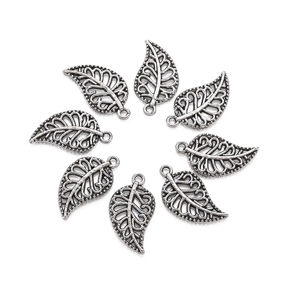 

20pcs Leaf Pendants Tibetan Style Charms for Bracelet Necklace Jewelry DIY Making Silver Color 18x10x1mm Hole: 1mm