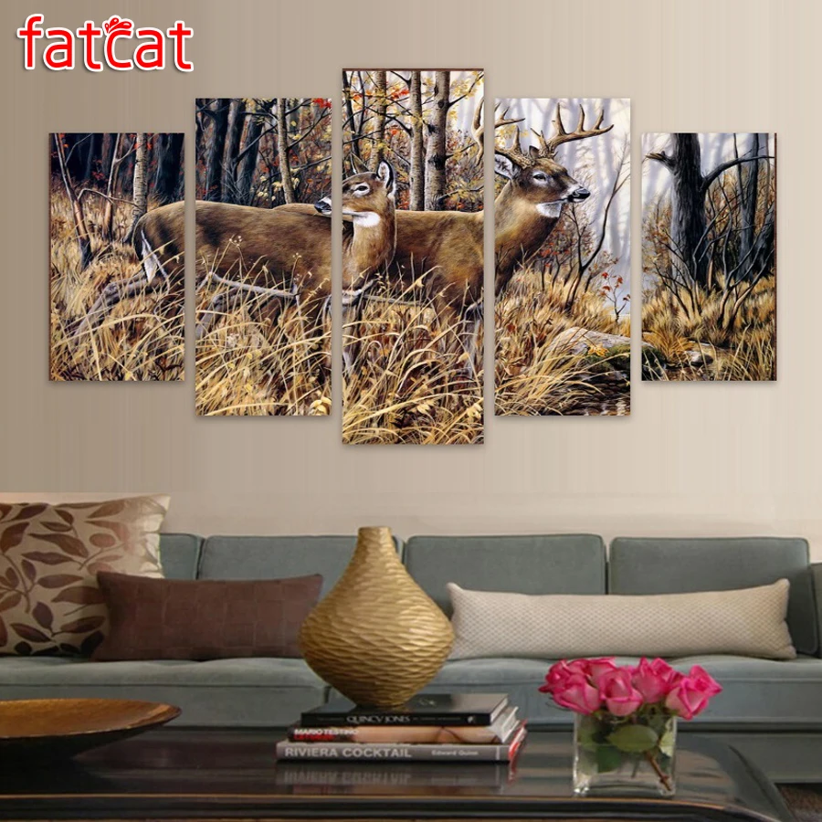 

FATCAT 5 Pieces Pictures Forest Animal Deer Landscape Diamond Painting Full Diamond Embroidery Diy Needlework Home Decor AE981