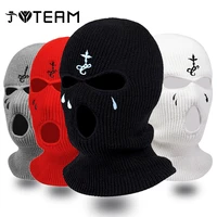 3 hole knitted ski mask embroidery belief cross balaclava knitted beanie winter full face ski mask face cover for outdoor sports