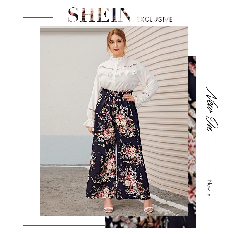 SHEIN плюс размер многоцветная бумажная сумка Талия цветочный принт широкие брюки для женщин осень весна Boho поясом длинные свободные брюки