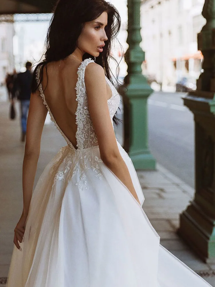 

Hi Shy Bride New Simple Wedding Dress Backless Sleeveless Design Chiffon Lace Bride Dresses Princess Dress Plus Size Tailor-made