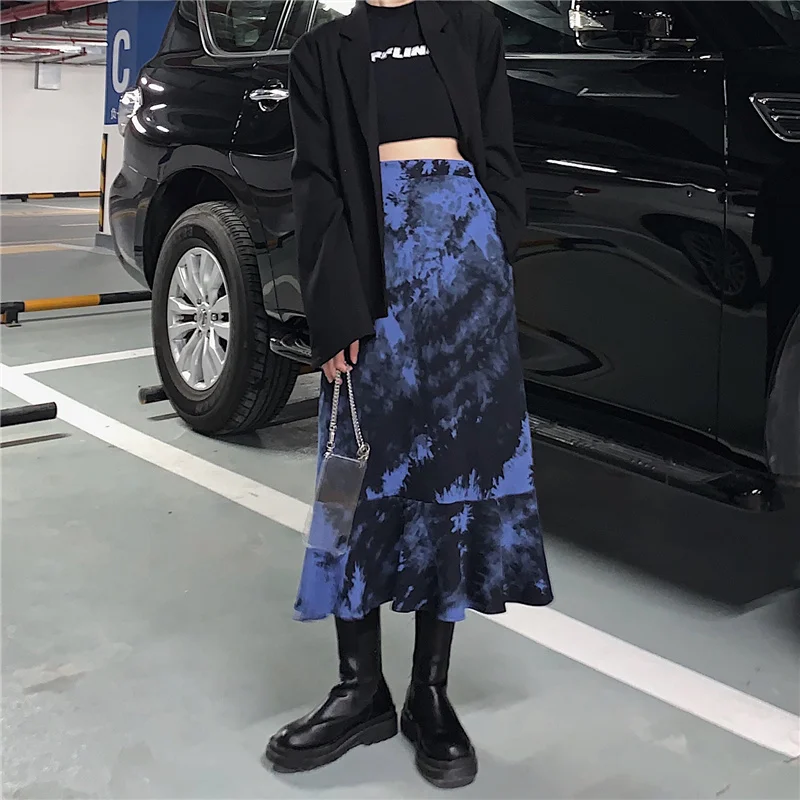 

Gothic Y2k Women Fashion Tie-dye Skirt Ladies Female Stylish Ruffle Hem Skirt for Party Gathering Summer Skirts