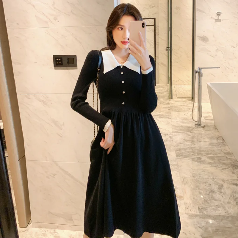 Осенне-зимнее плотное платье-свитер женское длинное платье средней длины с