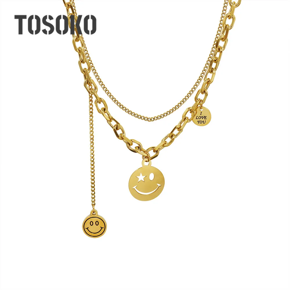 

TOSOKO Stainless Steel Jewelry Smiling Face Tassel Round Brand Necklace Double Layered Chain Women's Fashion Cavicle Chain 1051