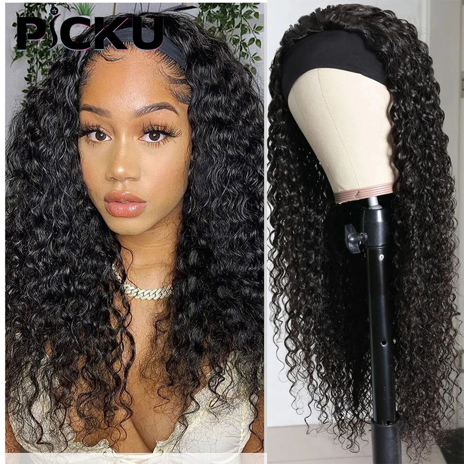 

Кудрявый головной убор PICKU, парики из человеческих волос для черных женщин, 180% плотность, кудрявые волосы, головная повязка, безклеевые пари...