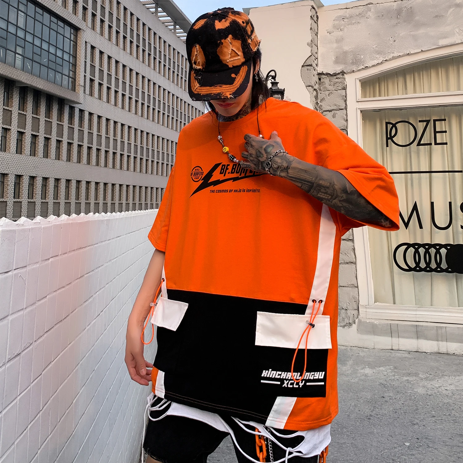 Футболка мужская в стиле хип хоп лакированная рубашка пэчворк с цветными