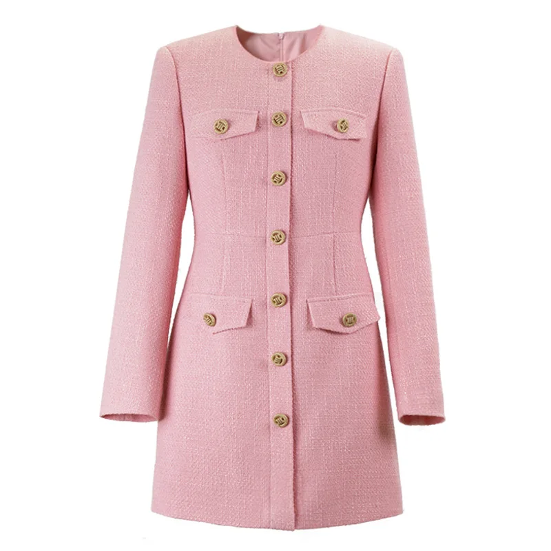

2021 early autumn fashion Korean temperament Xiaoxiang ladies diamond button woven dress