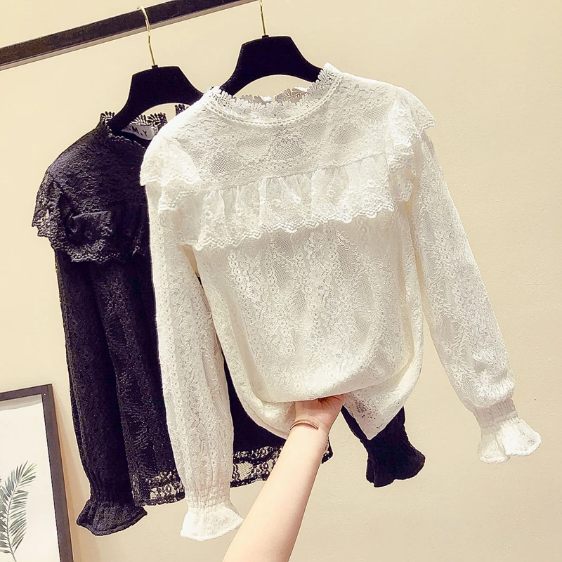 Женская кружевная блузка MUMUZI Повседневная Теплая Флисовая с длинными рукавами и