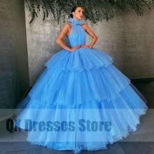 Vestido de noche de tul con cuello Halter para mujer, vestido de noche plisado Formal, sin mangas, con volantes y escalonados, hecho a medida, color azul cielo (1)