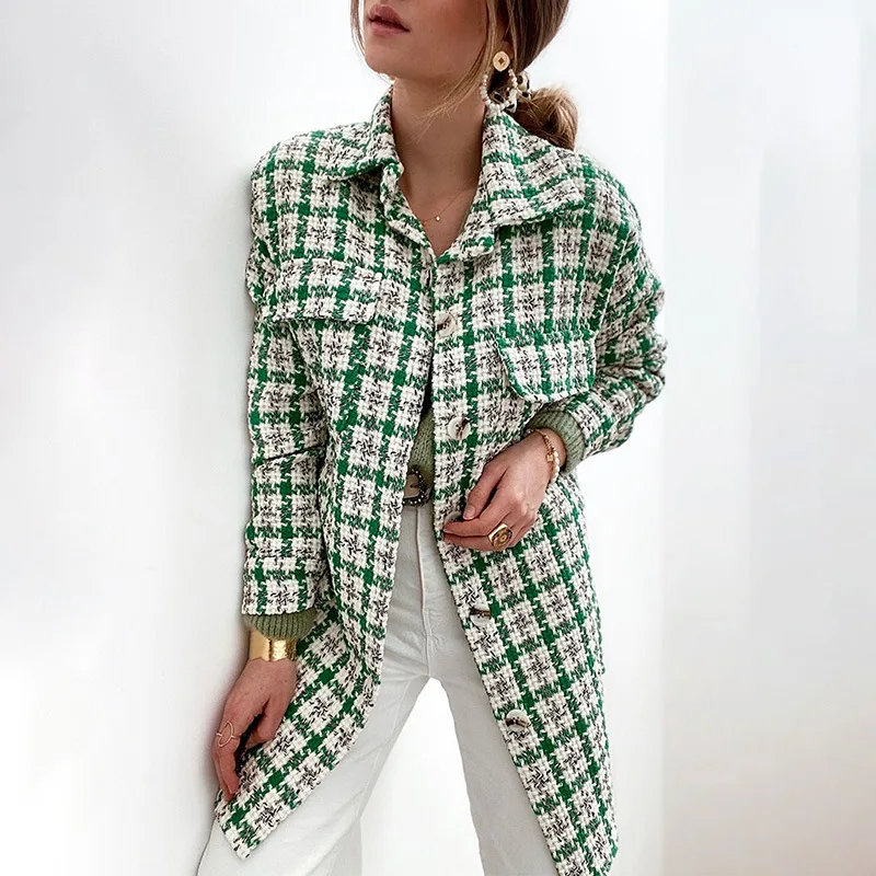 

European and American Plaid Wool Autumn and Winter New Pocket Small Fragrance Coat Women Loose Type Long Sleeve