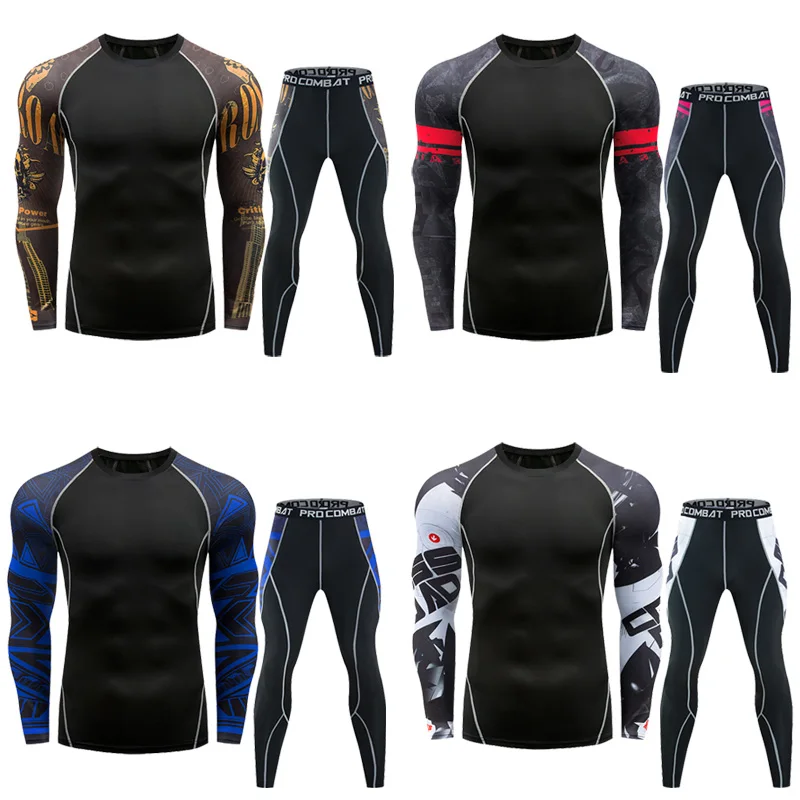 Мужские спортивные компрессионные футболки и штаны для бега костюмы тренировок