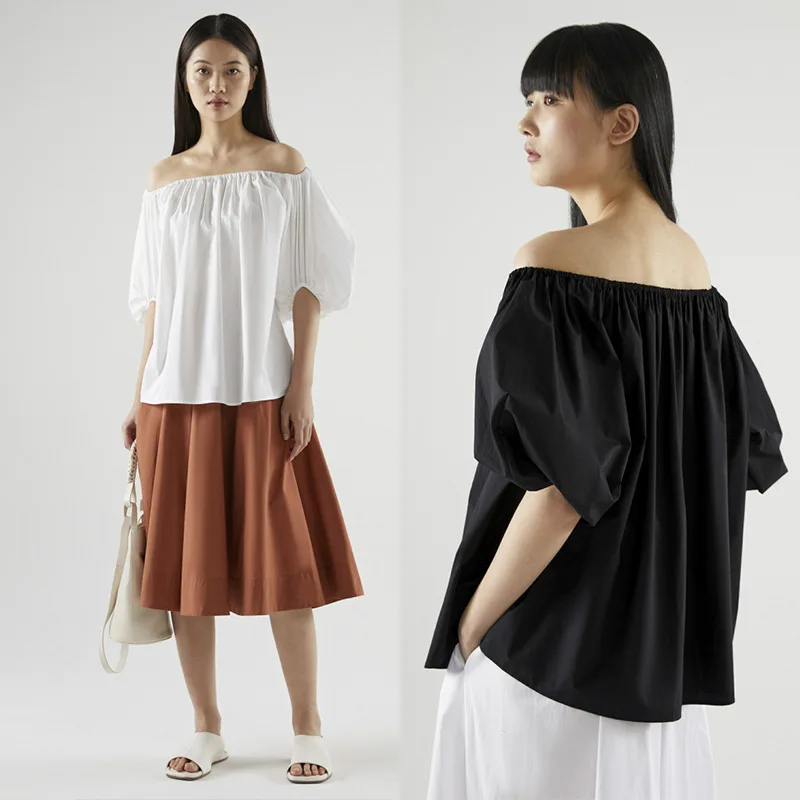 

2021 summer new style black and white two-color word collar puff sleeve cotton temperament fashion loose shirt women