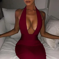 2021 hot selling new arrival womens fashion halter backless deep v neck solid color long dress sexy slim cutout a line skirt