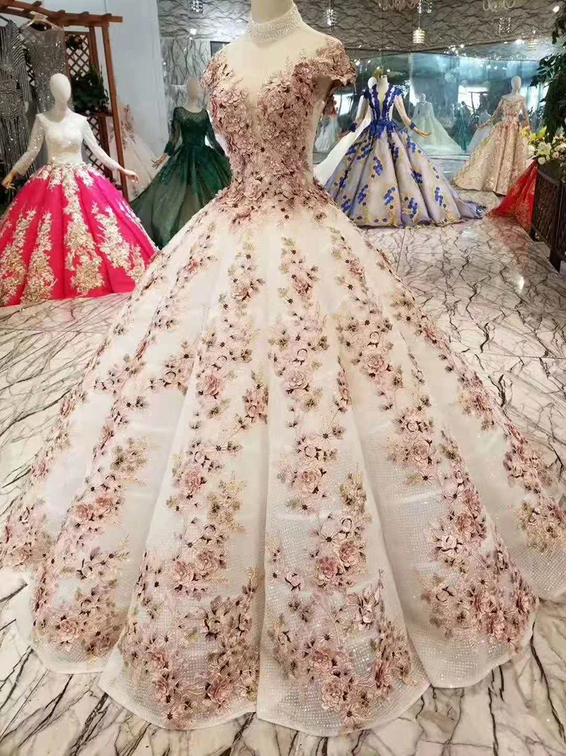 BGW 2276ht Flower Pleat Evening Dresses O-neck Long Sleeves Appliques Lace Up Back Floor Length Muslim Prom Dresses Swollen Gown