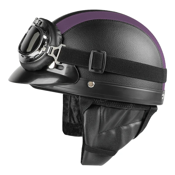 Black Purple Зимние мотоциклетные шлемы, велосипедные шлемы с теплой шеей+ козырек, очки из искусственной кожи, велосипедный шлем с открытым полулицом для мужчин и женщин, велосипедный шлем - Цвет: Black Purple