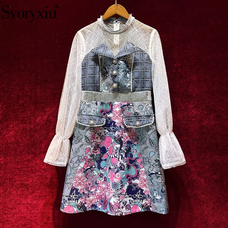 

Svoryxiu 2021 Runway Designer Autumn Vintage Dress Women's Tulle Sequins Flared Sleeves Beaded Print Jacquard Dresses Vestdios