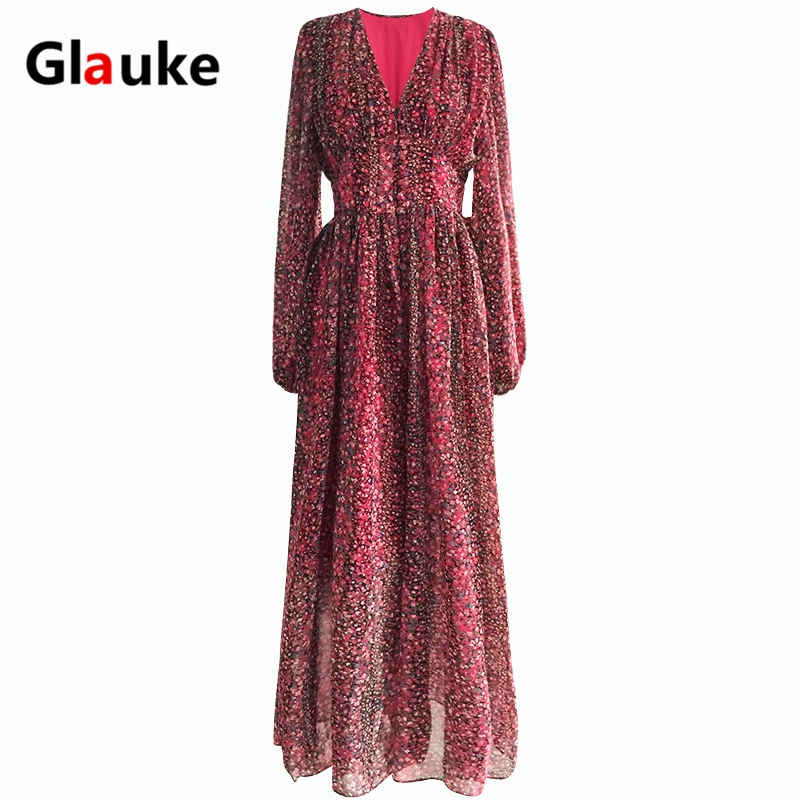 Женское шифоновое платье GLAUKE винтажное осеннее с длинным рукавом и цветочным