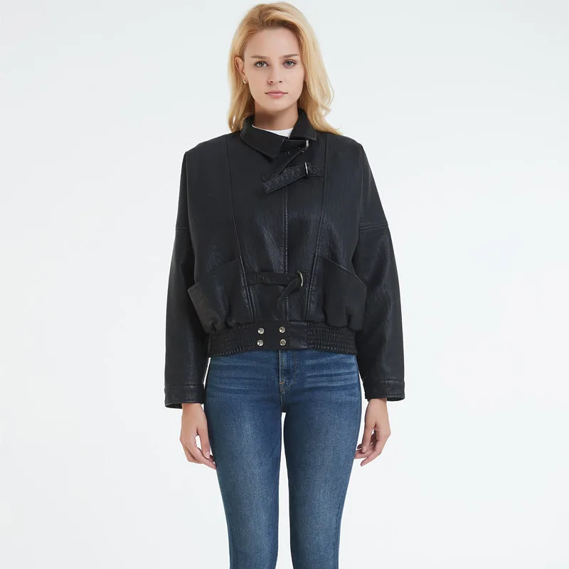 Для женщин Свободные из PU искусственной мягкой кожи куртка с длинными рукавами и